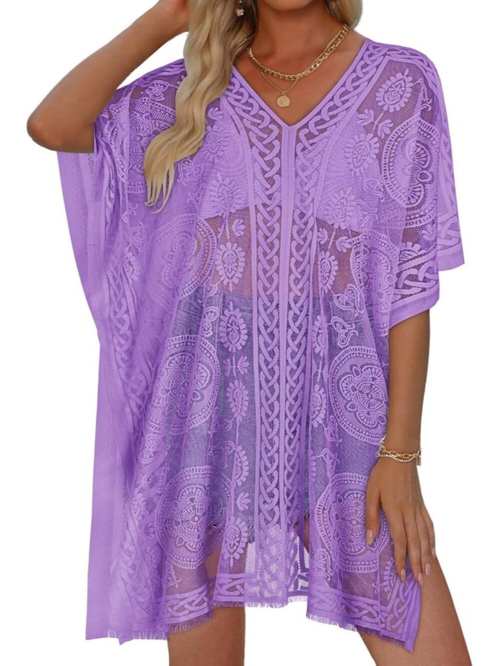 Women Light Purple Polyester V Neck Laced Summer Swim Loose Bikni Coverup Dress